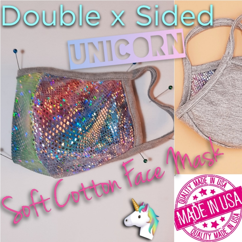 Unicorn Pink Green Heather Gray Fabric Face Mask